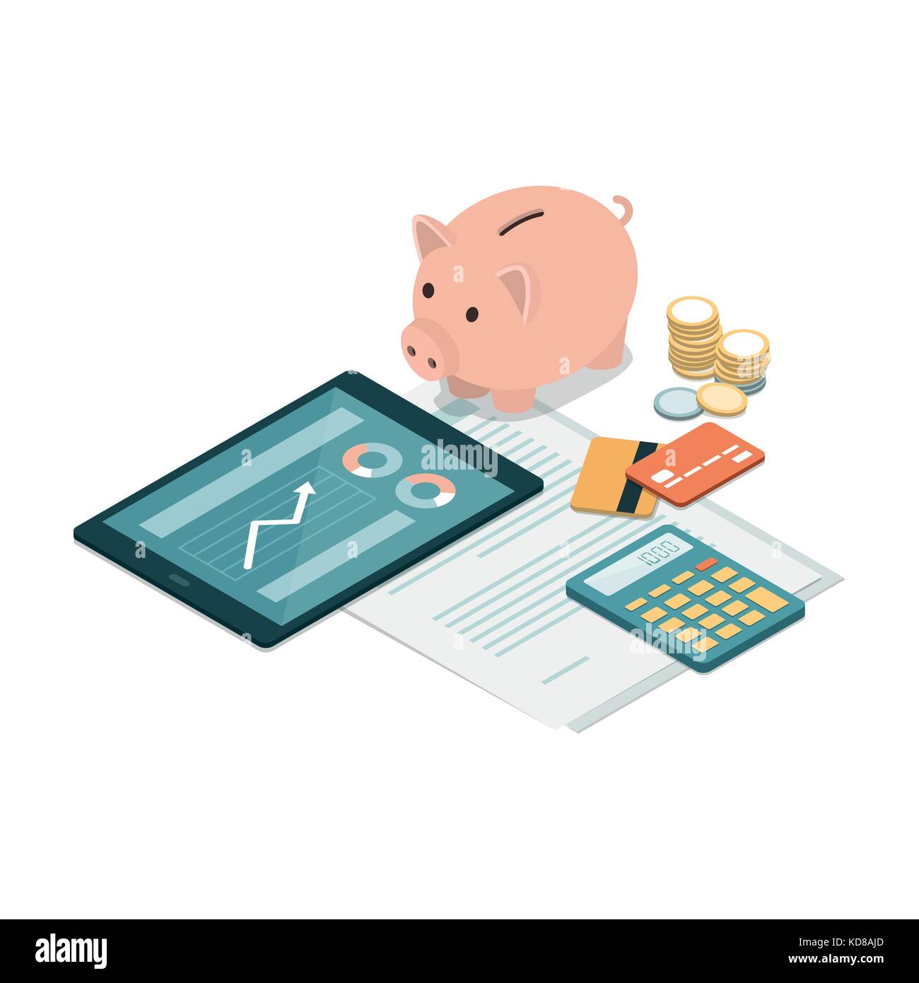 Hucha, tarjetas de crédito, tablet, calculadora y dinero en un contrato financiero: fuerte, fondos, el ahorro y la inversión, concepto Ilustración del Vector