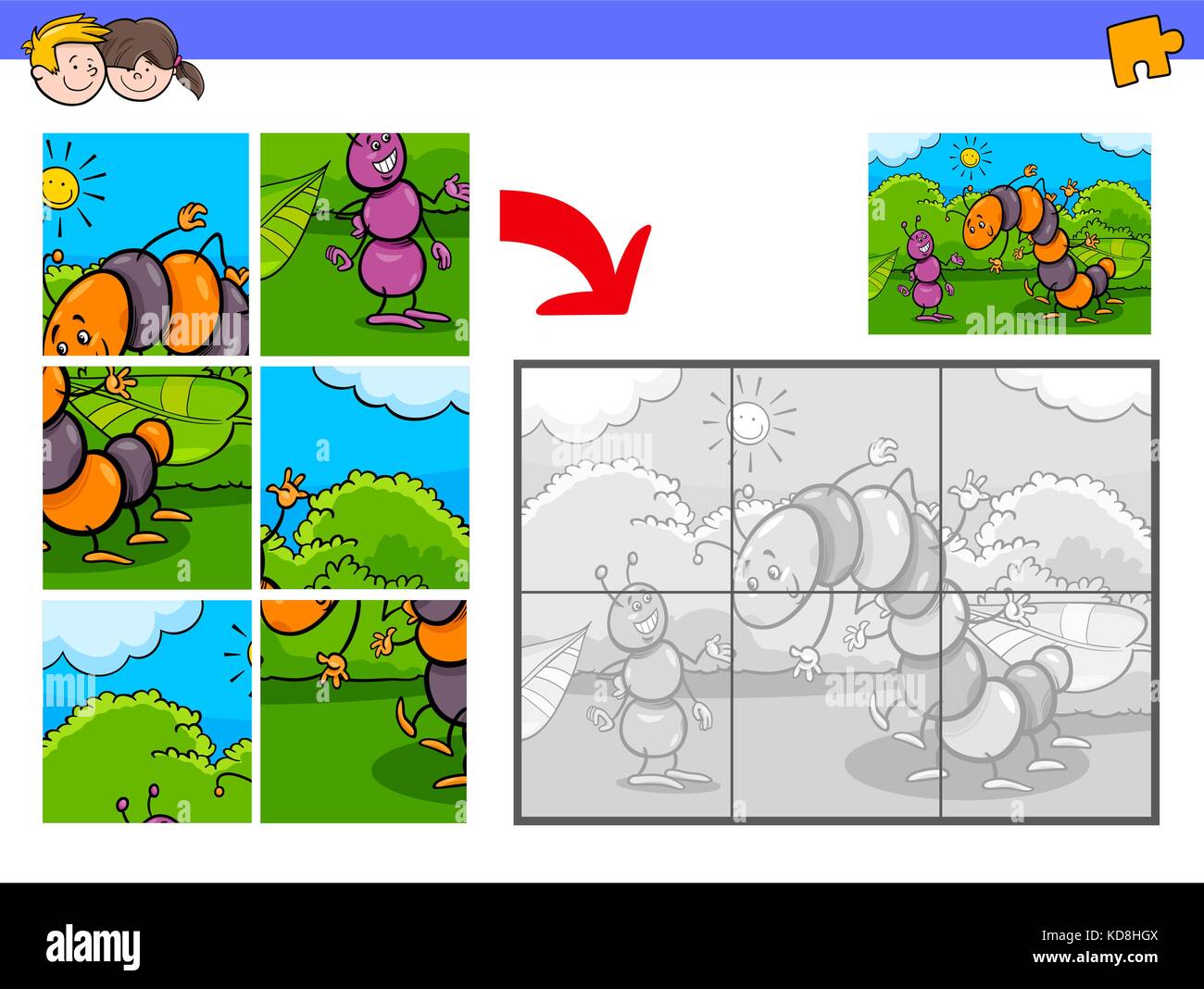 Ilustración de dibujos animados rompecabezas juego actividad educativa para  niños con Caterpillar y caracteres de insectos ant Imagen Vector de stock -  Alamy
