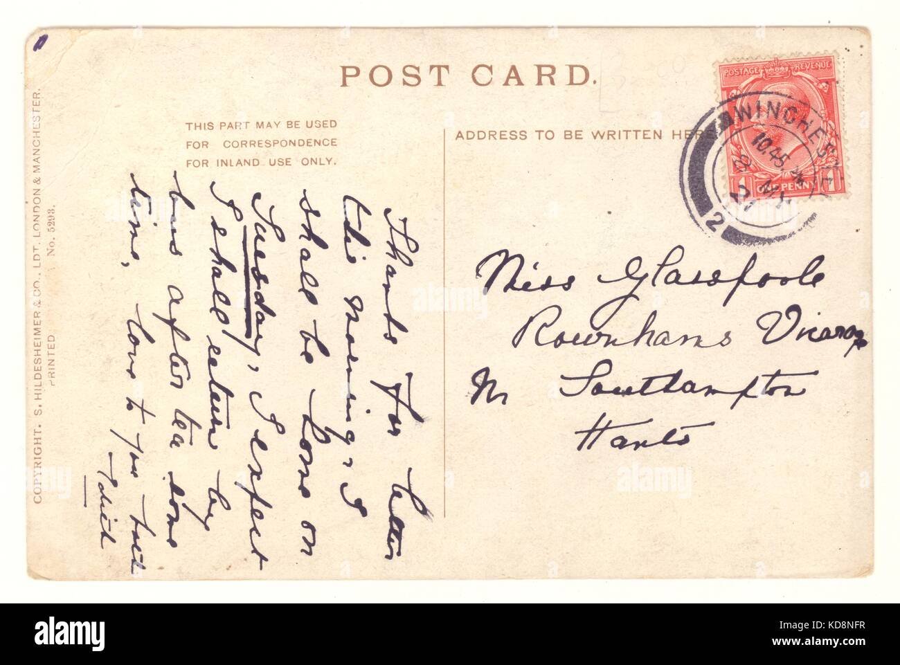 El reverso de una tarjeta postal, el matasellos de 1921 Foto de stock