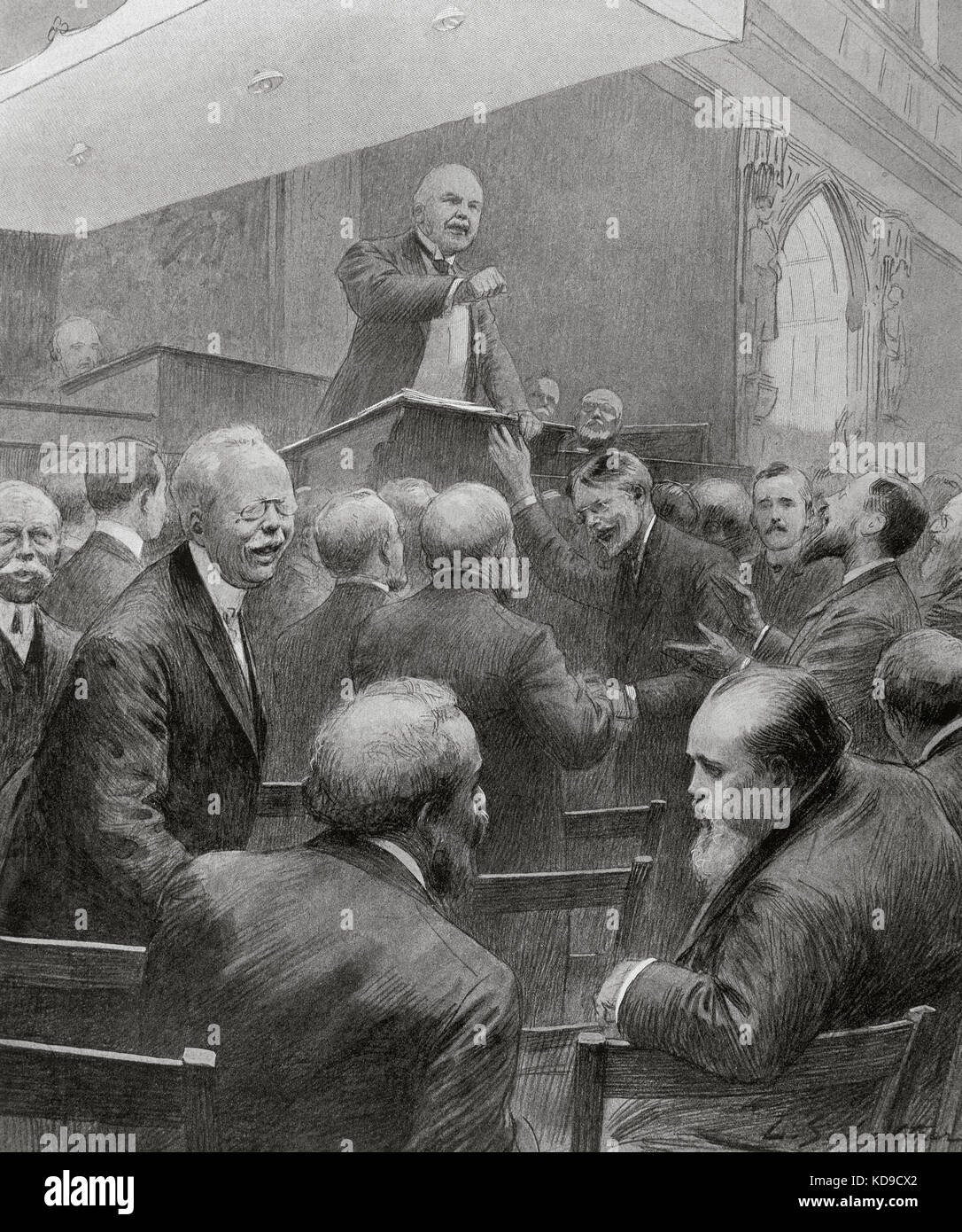 Henry campbell-bannerman, (1836-1908) político del partido liberal británico. se desempeñó como primer ministro del Reino Unido (1905-1908) y fue líder del partido liberal (1899-1908). Discurso de sir Henry Campbell en Westminster, Londres. grabado. 'L'ilustración', de 1906. Foto de stock