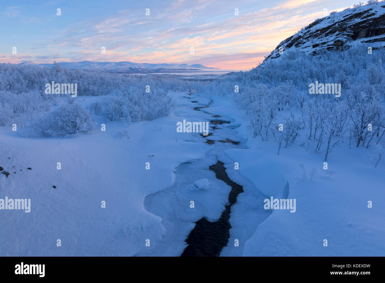 Amanecer en el río congelado y bosque, abisko, municipio de Kiruna, el condado de Norrbotten, Laponia, Suecia Foto de stock