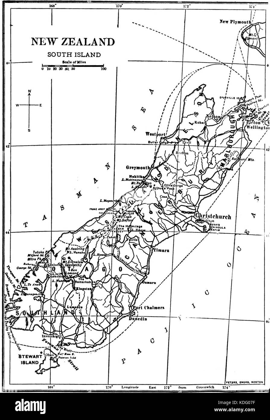 Pintoresca Isla del Sur, Nueva Zelanda mapa Foto de stock