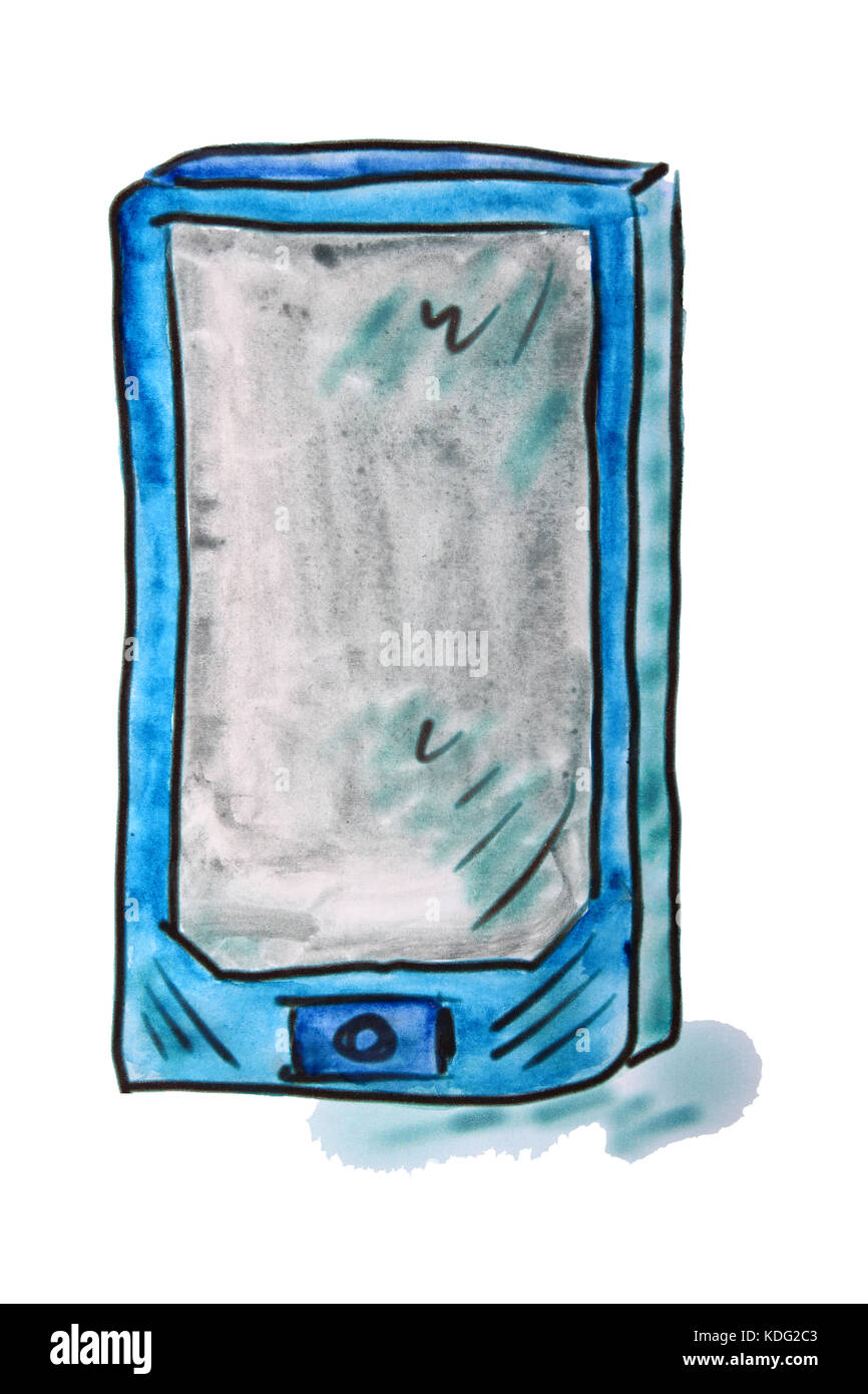 Smartphone acuarela azul figura de la historieta, aislado sobre fondo blanco. Foto de stock