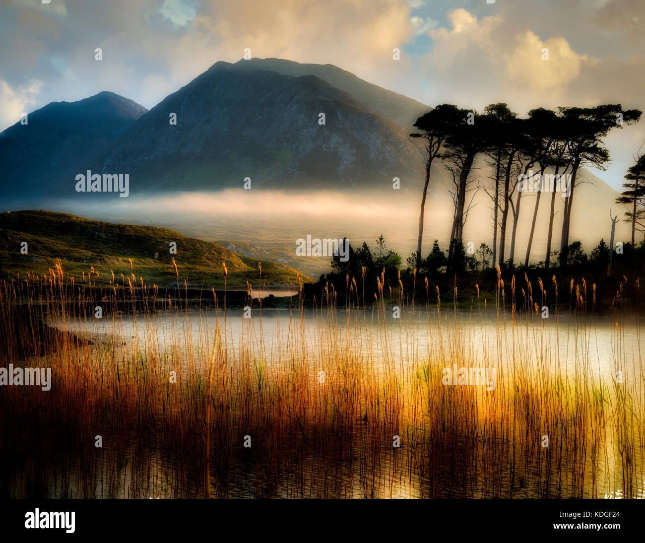 Amanecer en loch derryclare/Lago con algunas de las 12 ben montañas y carrizos. Borde de Connemara, Condado de Galway, Irlanda Foto de stock