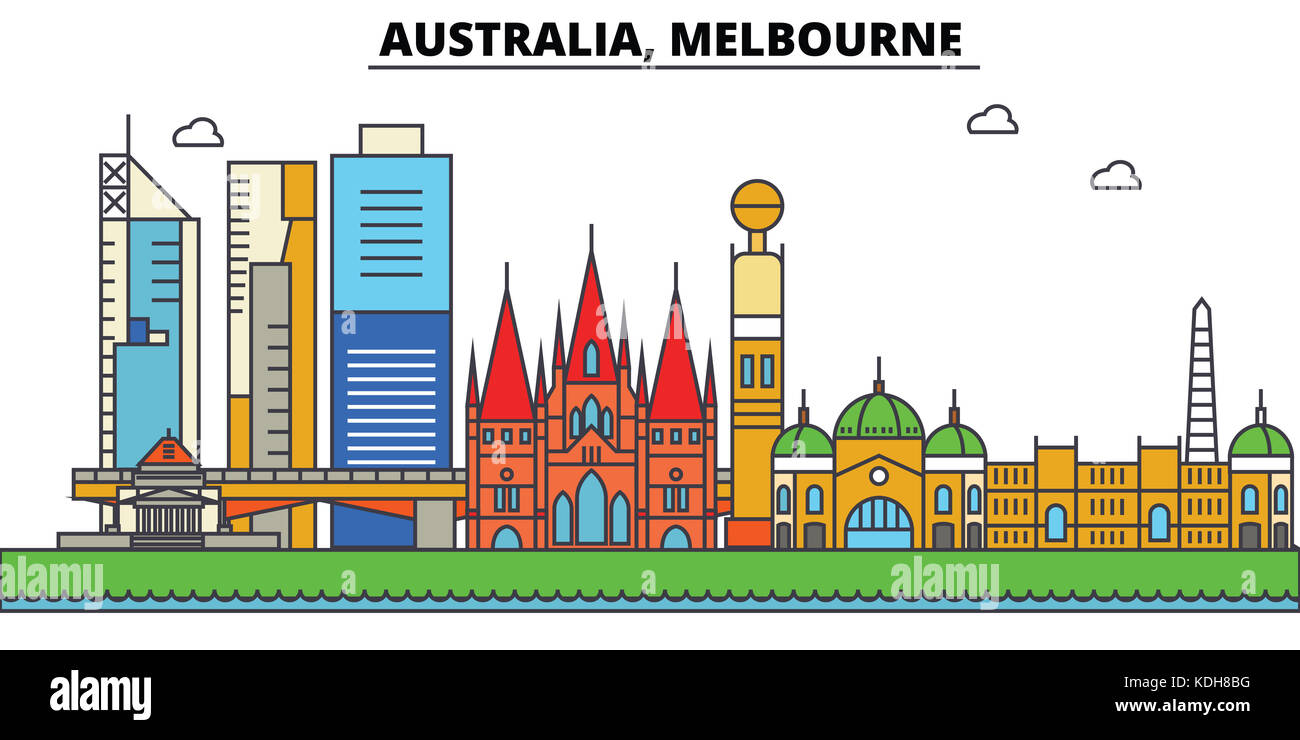 Australia, Melbourne. ciudad arquitectura, edificios, calles, silueta, paisaje, panorama hitos trazos editable diseño plano vecto línea Foto de stock
