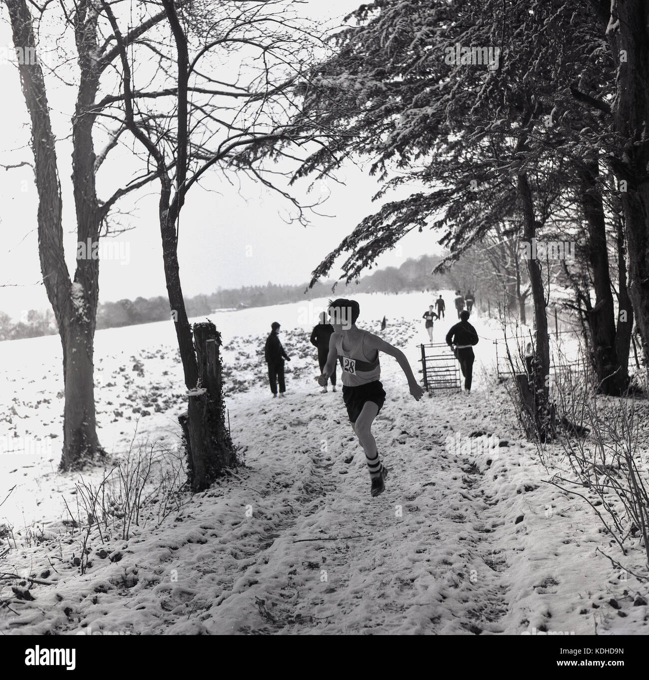 1960, históricos, invierno y competidores masculinos tomando parte en un cross-country corriendo la carrera a través de un campo cubierto de nieve y junto al bosque, Inglaterra. Foto de stock