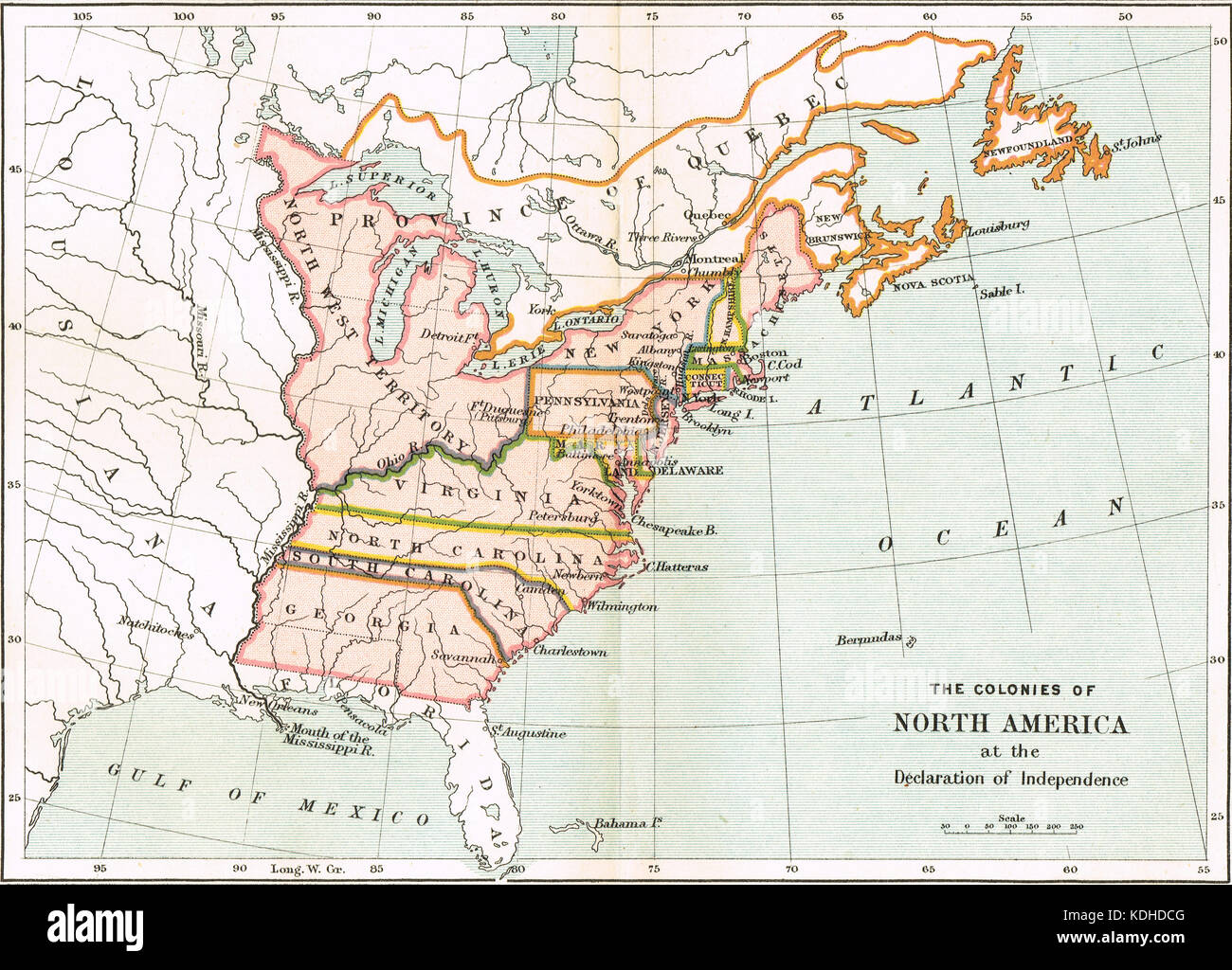 Las colonias de América del Norte en el momento de la declaración de independencia en 1776 Foto de stock