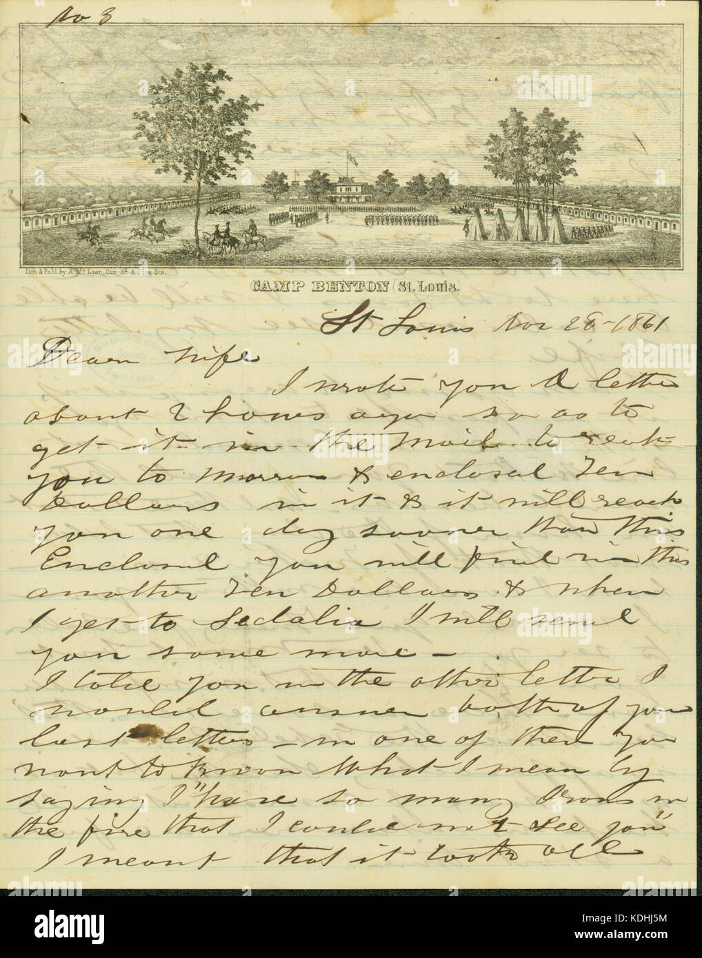 Carta firmada Silas, Saint Louis, a su esposa, 28 de noviembre de 1861 Foto de stock
