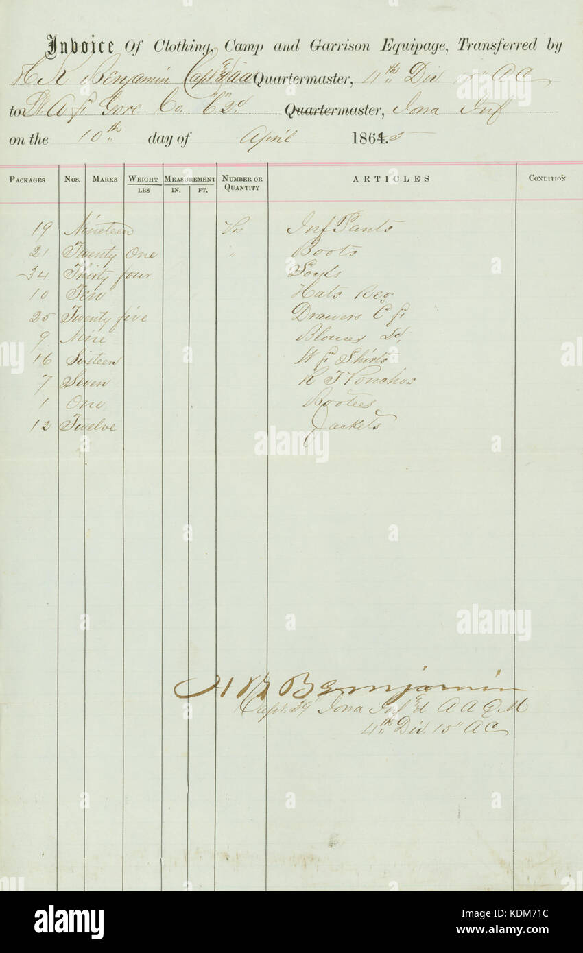 Factura de ropa, campamento y garrison equipage, firmado . Benjamin, el  Capitán 39ª Iowa Inf. Y .M., 4ª Div. (División) 15 ., 10 de abril  de 1865 Fotografía de stock - Alamy