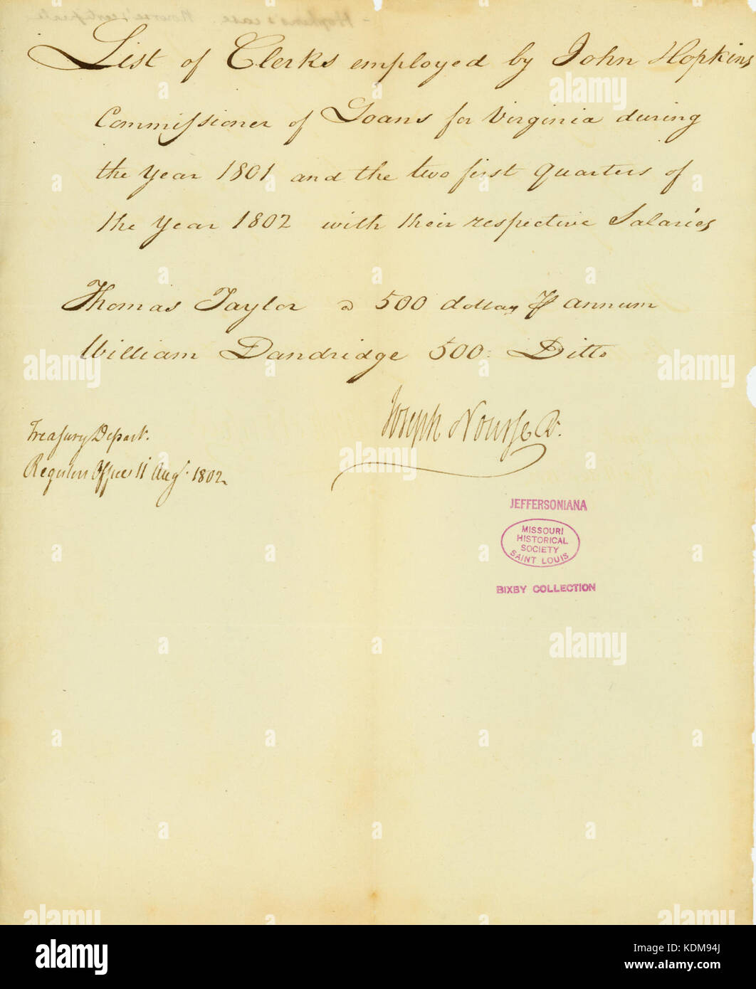 Carta de Joseph Nourse, Departamento del Tesoro, la Oficina del Registro, 11 de agosto de 1802 Foto de stock
