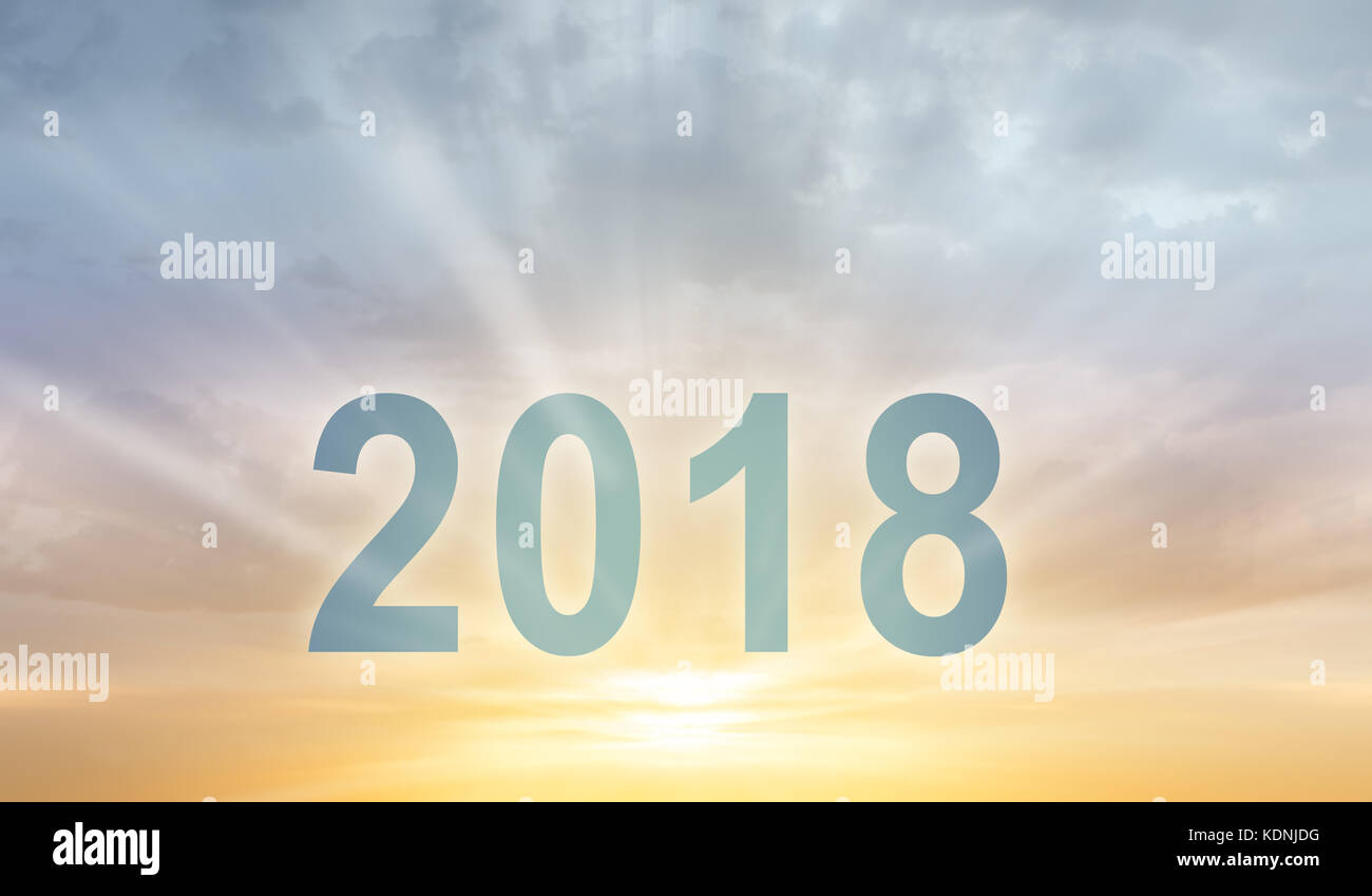 Año nuevo 2018 texto dígitos sunset fondo desenfocado Foto de stock