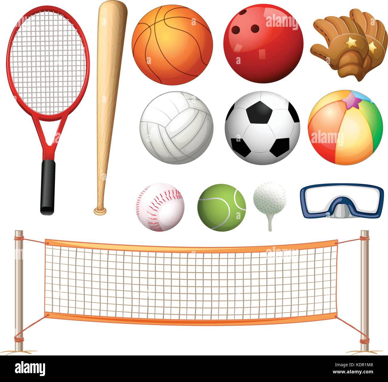 Red de voleibol y diferentes tipos de pelotas ilustración Imagen Vector de  stock - Alamy