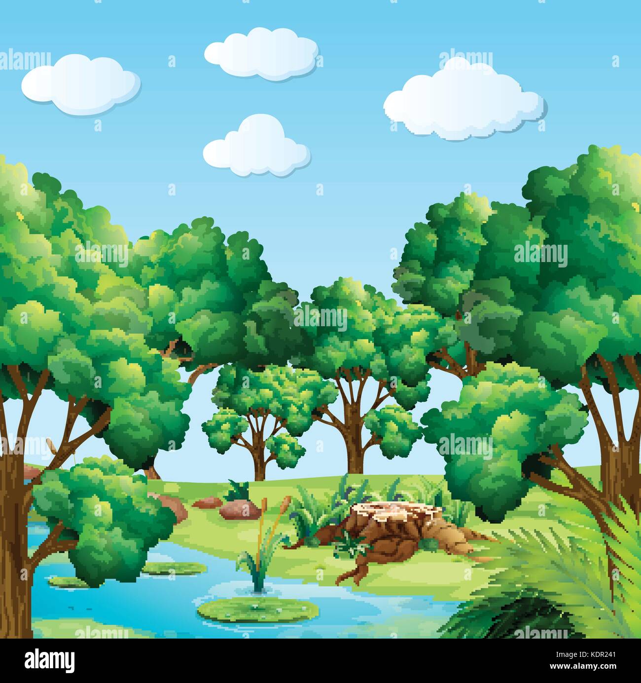 Escena de bosque con muchos árboles y el río ilustración Imagen Vector de  stock - Alamy