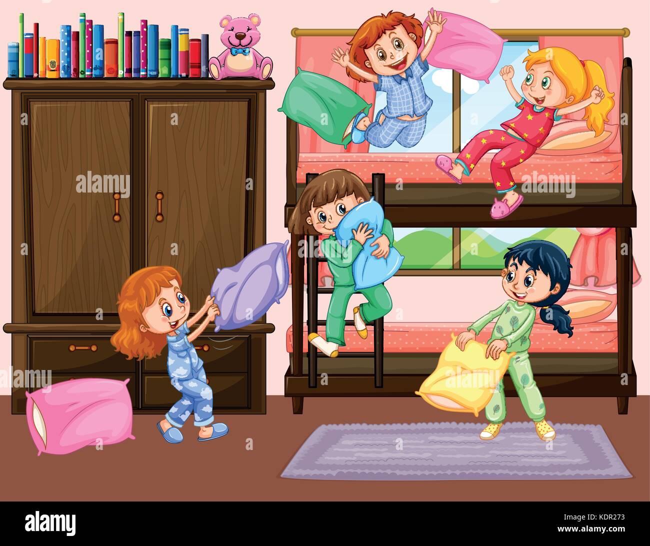 Las niñas tienen Slumber Party en dormitorio ilustración Ilustración del Vector