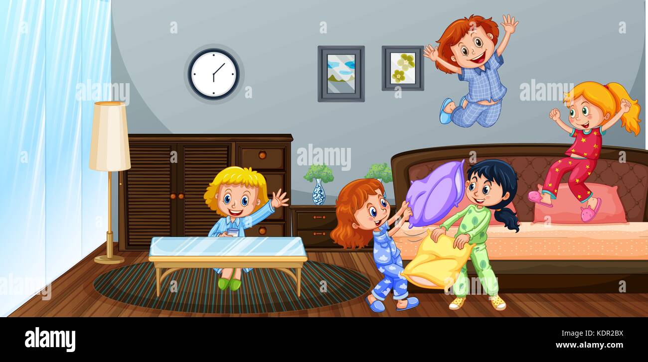 Muchos niños jugando en el dormitorio ilustración Ilustración del Vector