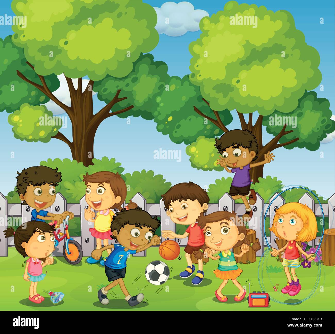 Niños jugando juegos y deportes en el parque ilustración Imagen Vector de stock - Alamy