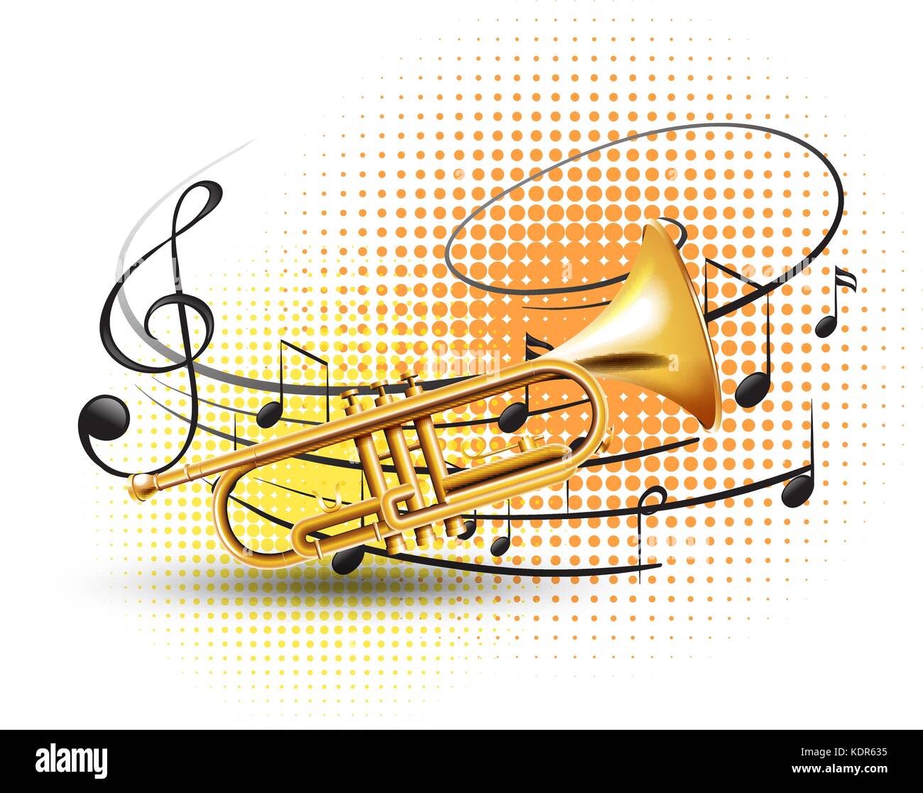 La trompeta con notas musicales en ilustración de fondo Imagen Vector