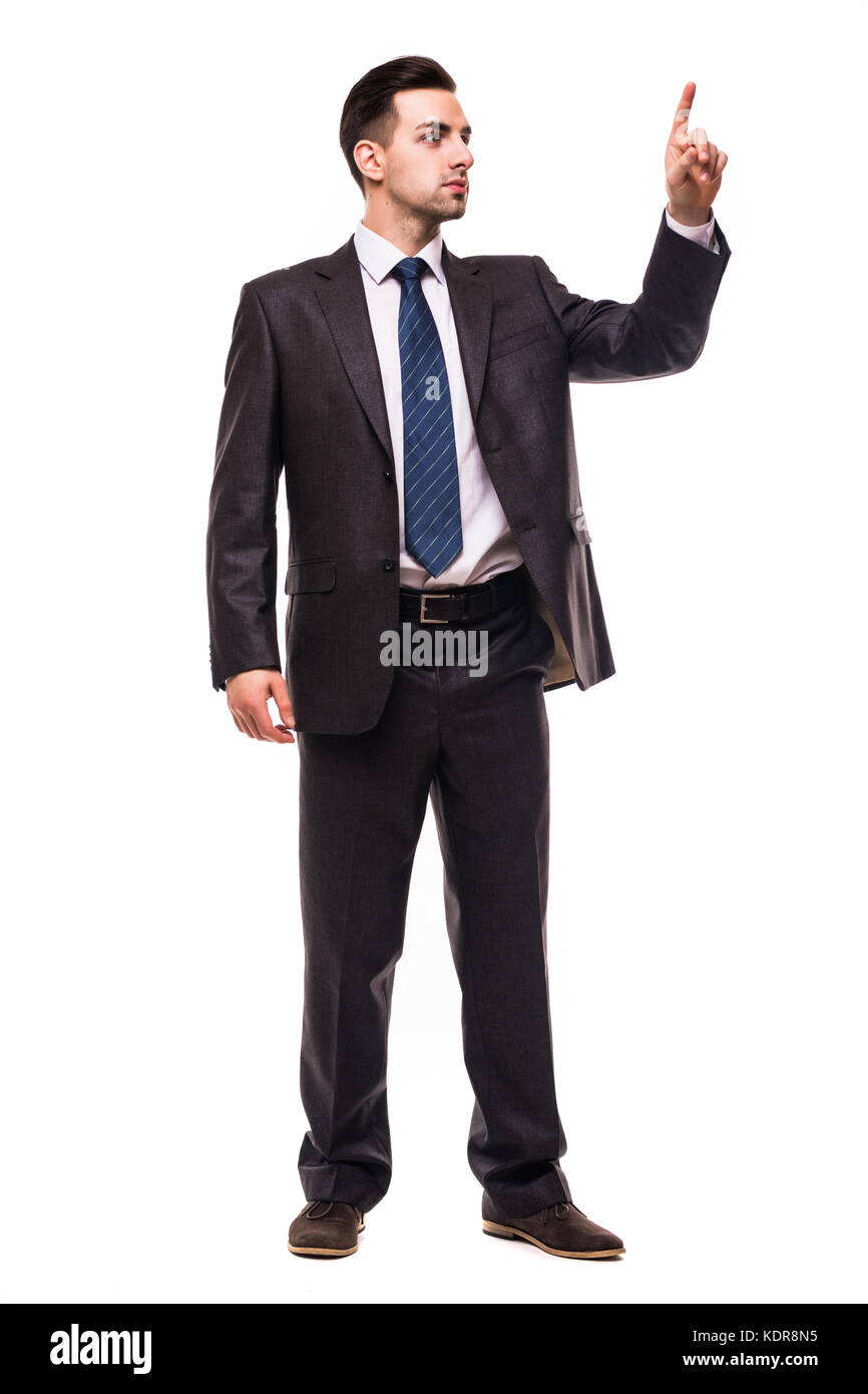 Derribar Ánimo Consejo Retrato de cuerpo entero del hombre de negocios impulsando algo que viste  traje con corbata azul, aislado en blanco Fotografía de stock - Alamy