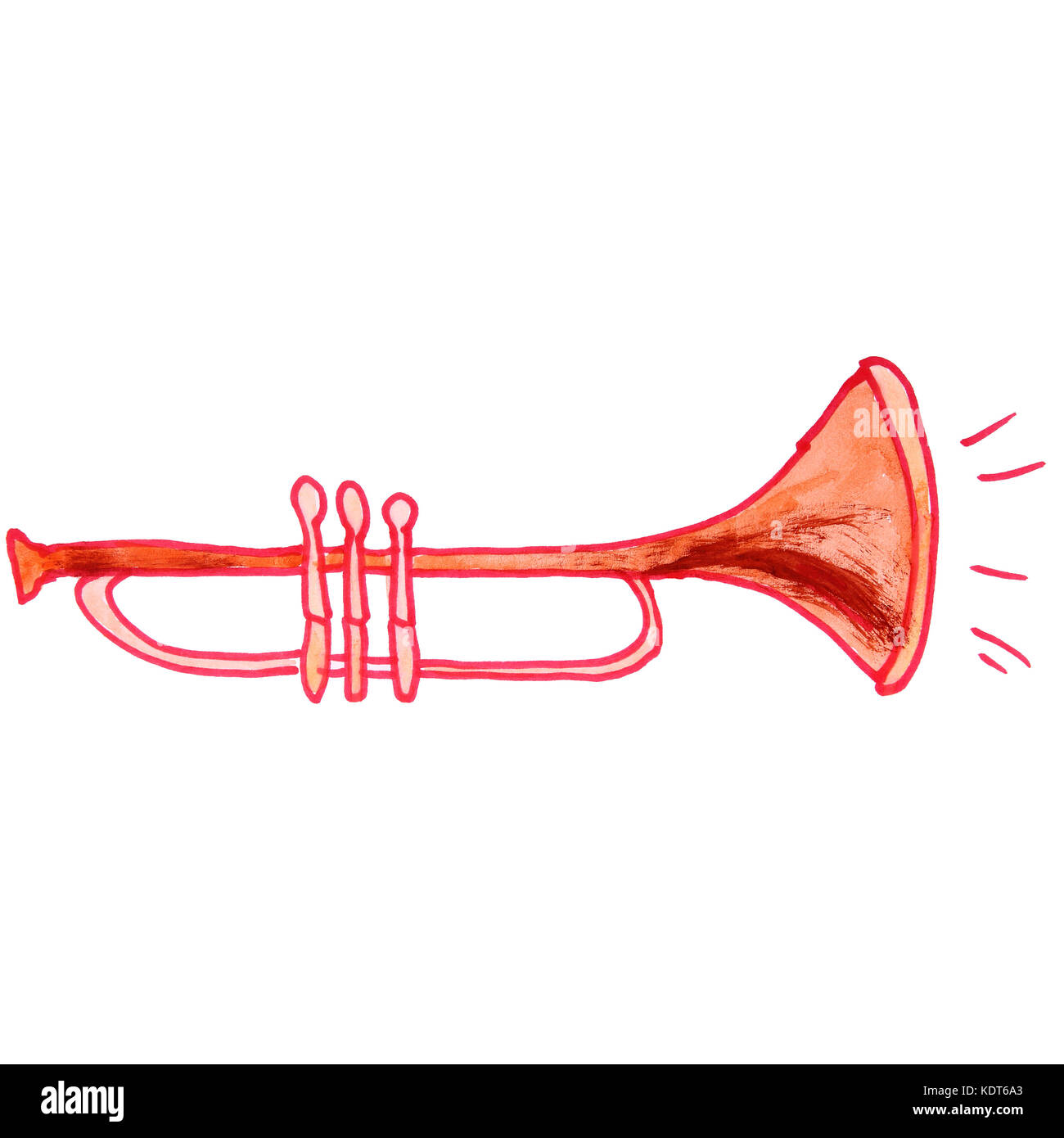 Dibujo de un niño, la música de trompeta acuarela caricatura en un blanco Foto de stock