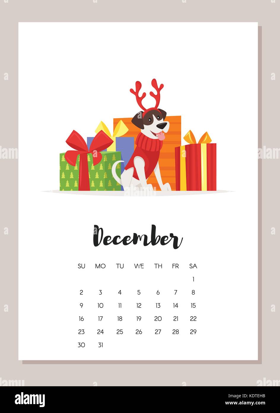 Ilustración del estilo de dibujos animados de vectores de diciembre de 2018  perro calendario. aislado sobre fondo blanco. Plantilla para imprimir  Imagen Vector de stock - Alamy
