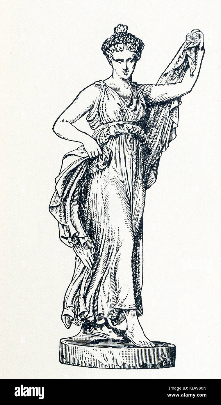 Esta ilustración de Terpsichore data de 1898. Muestra la estatua en Florencia. Terpsichore era la diosa de la danza y el coro. En la mitología griega y romana, las musas eran nueve hijas de Zeus y Mnemosyne (diosa de la memoria). Allí fueron honrados como mecenas de las artes y las ciencias. Calliope fue la cabeza de MUSE, y Apolo, el dios de la profecía y la canción, fue su líder. Foto de stock