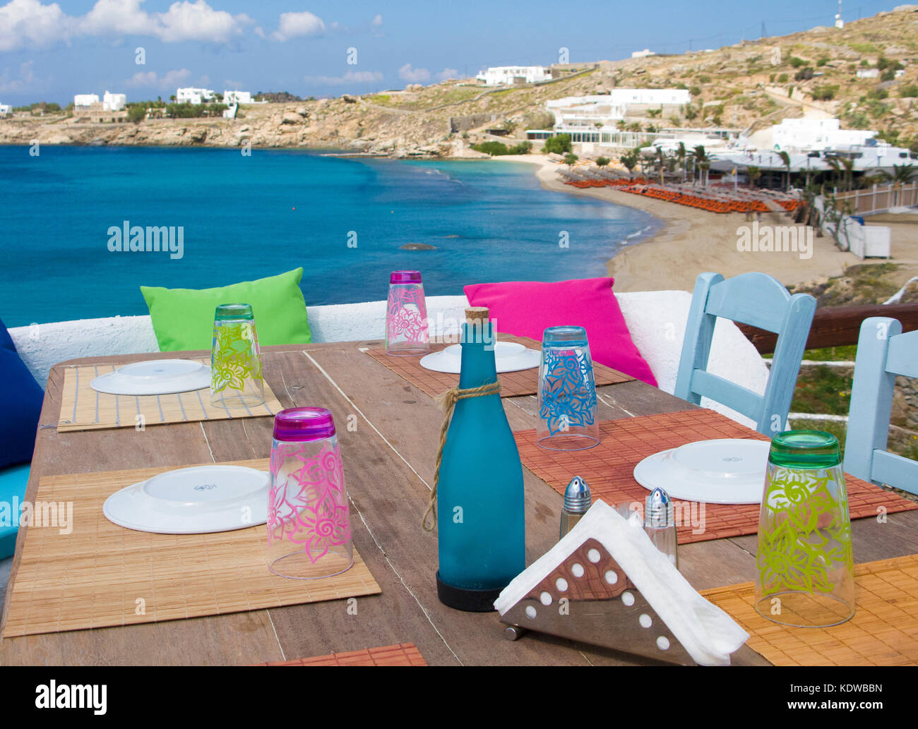 Anna's Place, un elegante bar de playa en Playa Paraíso, Mykonos Cyclades, Egeo, Grecia, Europa Foto de stock