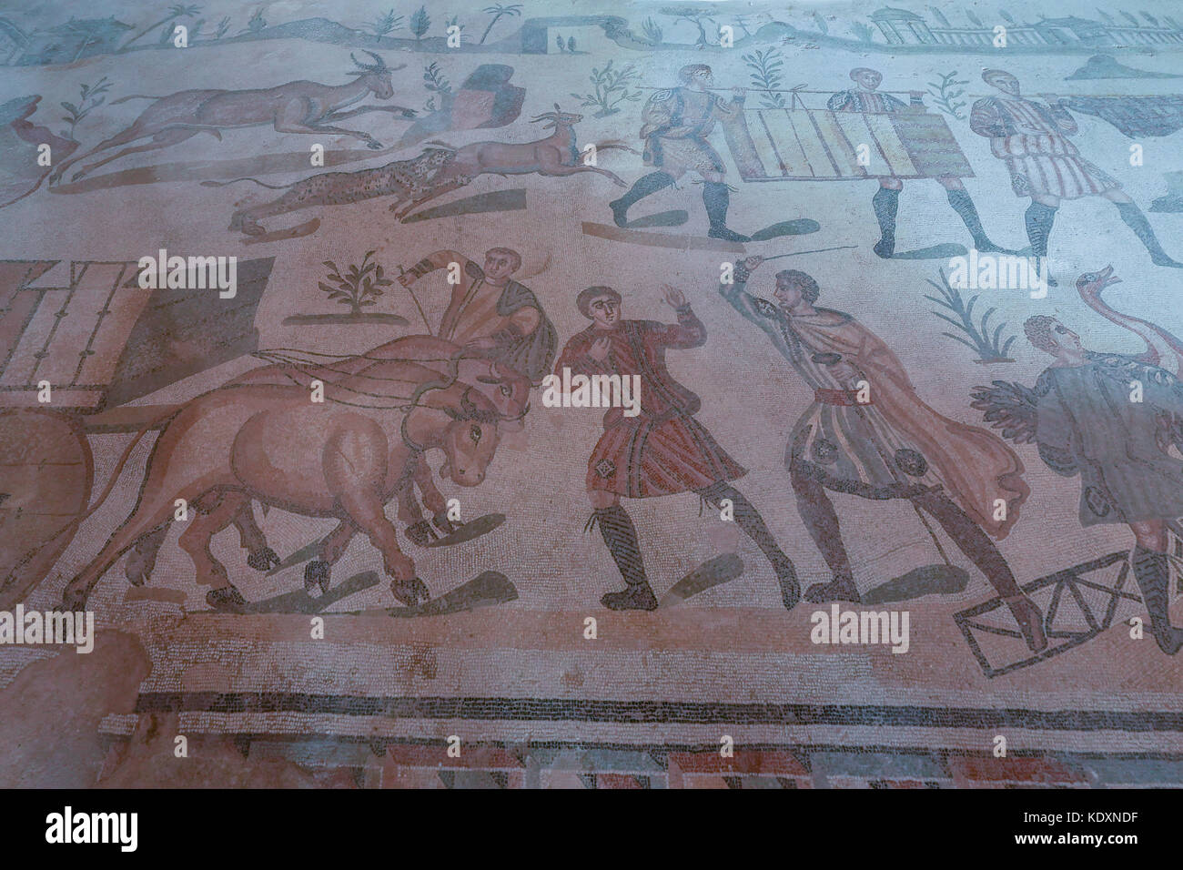 Una vista de mosaicos romanos de una colección se considera que es la mejor del mundo en Piazza Armerina. A partir de una serie de fotos de viaje en Sicilia, Italia Foto de stock