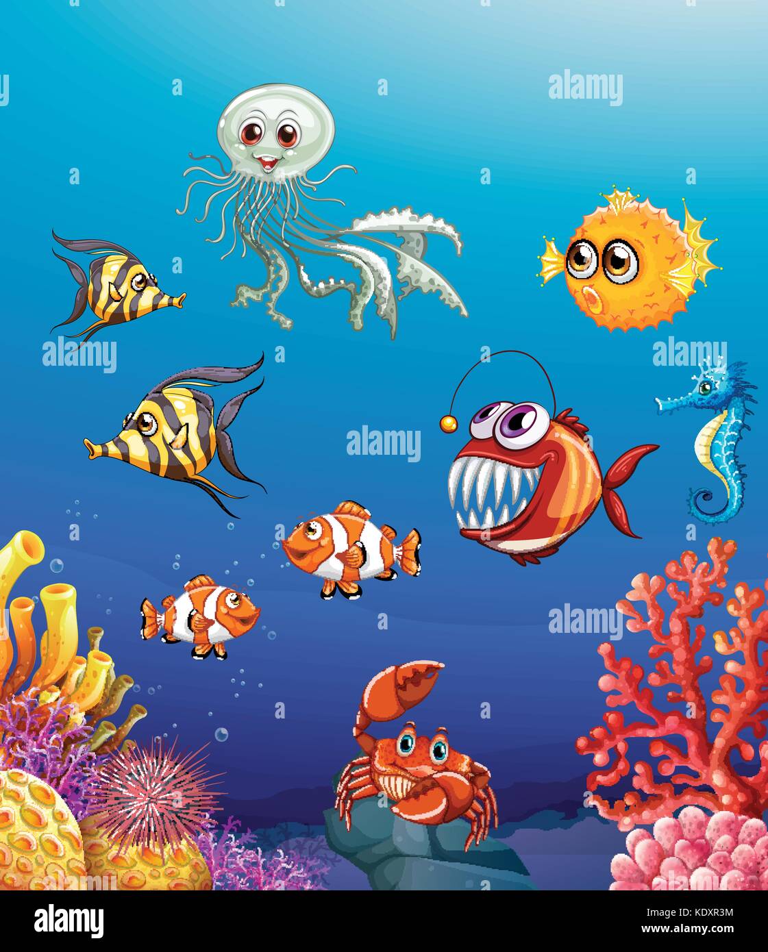 Escena con animales marinos bajo el océano ilustración Ilustración del Vector