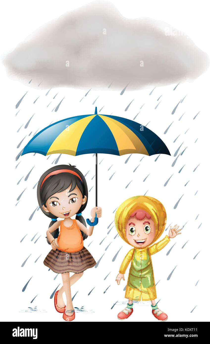 Dos niños con paraguas e en la lluvia ilustración Imagen Vector de stock