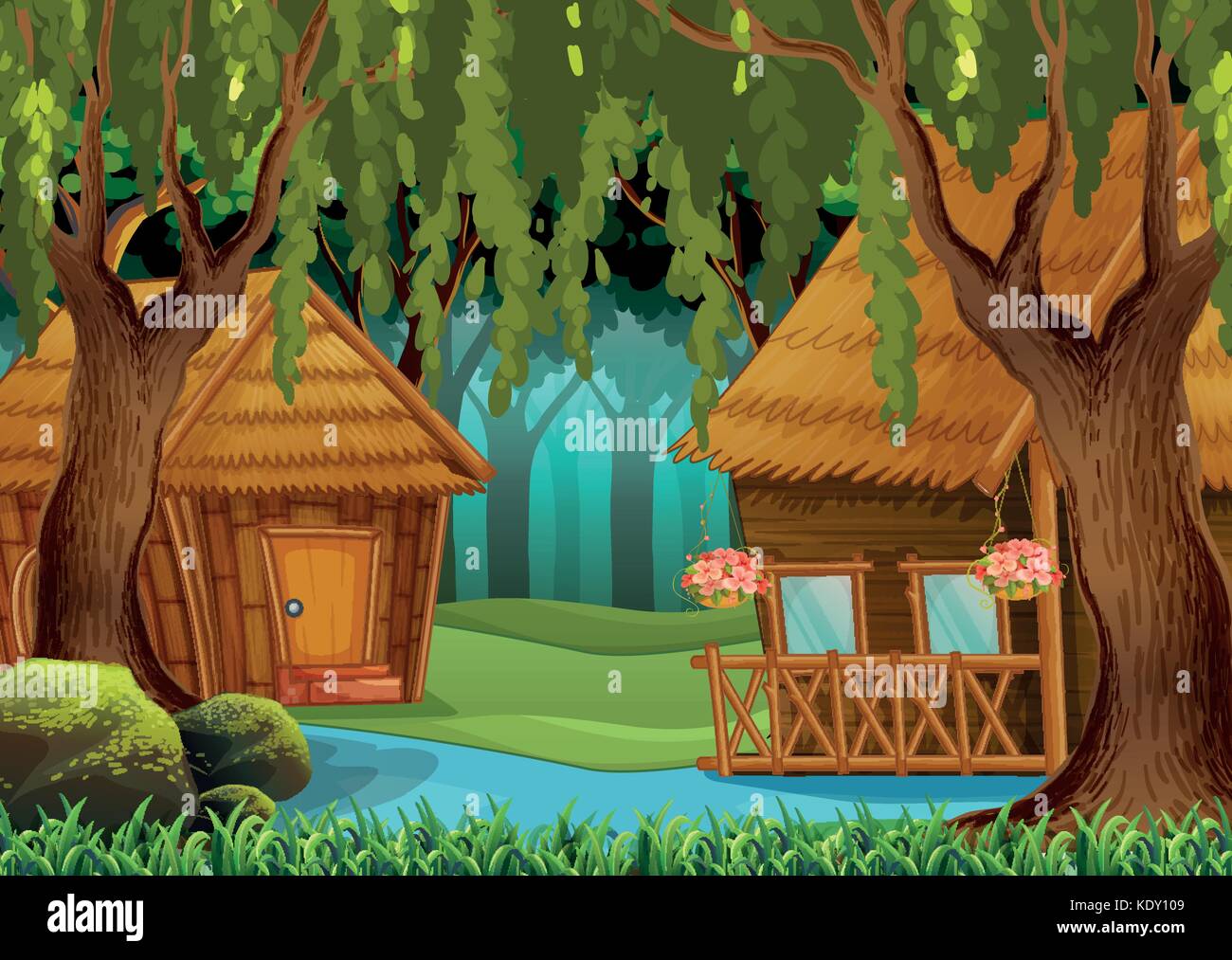 Cabañas de madera en el bosque ilustración Imagen Vector de stock - Alamy