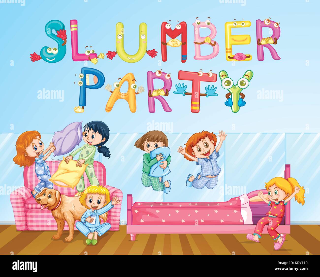 Las niñas se diviertan en Slumber Party en dormitorio ilustración Ilustración del Vector