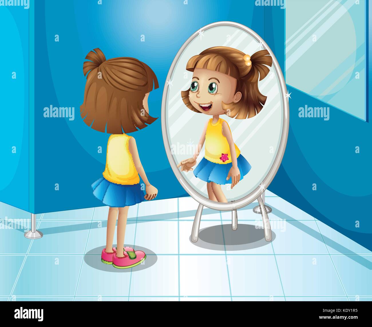 Niña alegre mirando el espejo en el baño ilustración Imagen Vector de stock  - Alamy