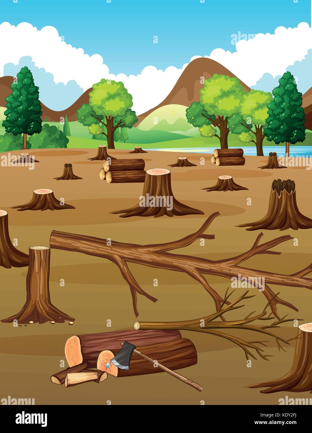 Escena con árboles cortados en el campo ilustración Imagen Vector de stock  - Alamy