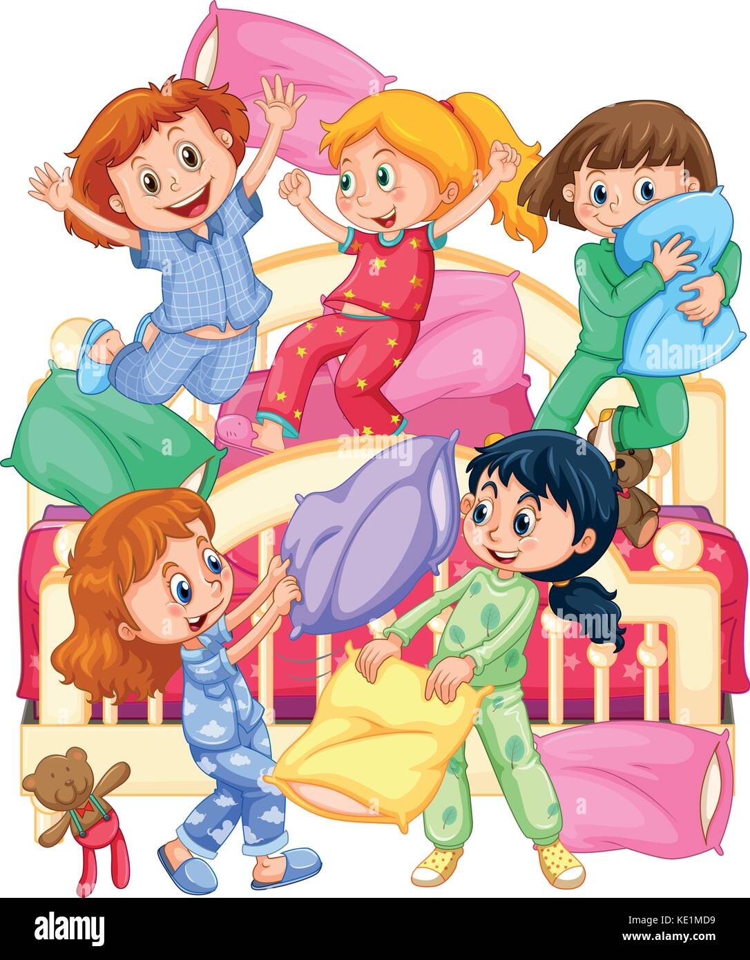 Las niñas jugando almohada lucha en Slumber Party ilustración Ilustración del Vector