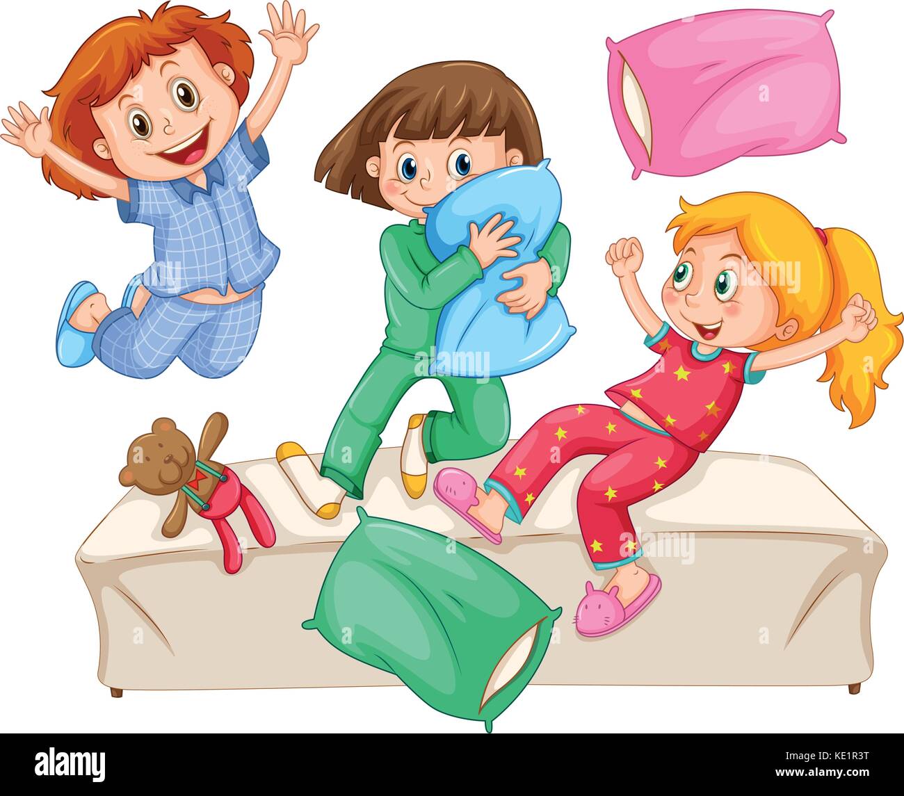 Tres niñas juegan en la lucha de almohadas Slumber Party ilustración Ilustración del Vector