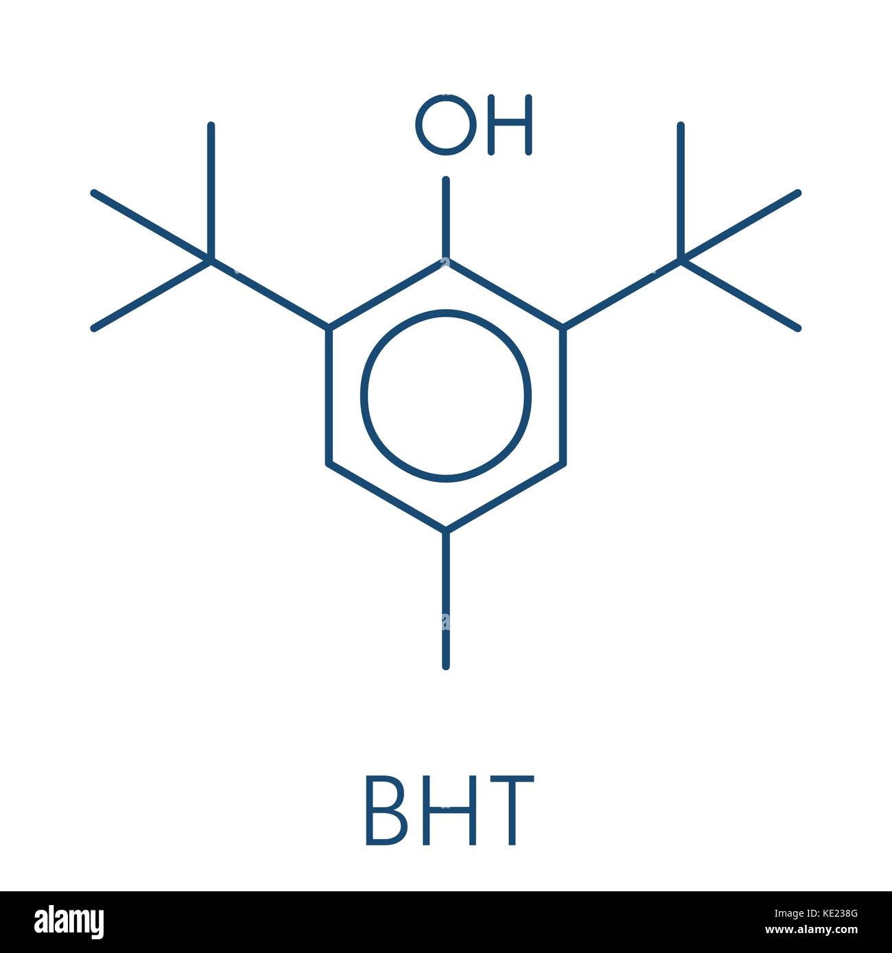 Hidroxitolueno butilado (BHT) molécula antioxidante fórmula esquelética. Ilustración del Vector