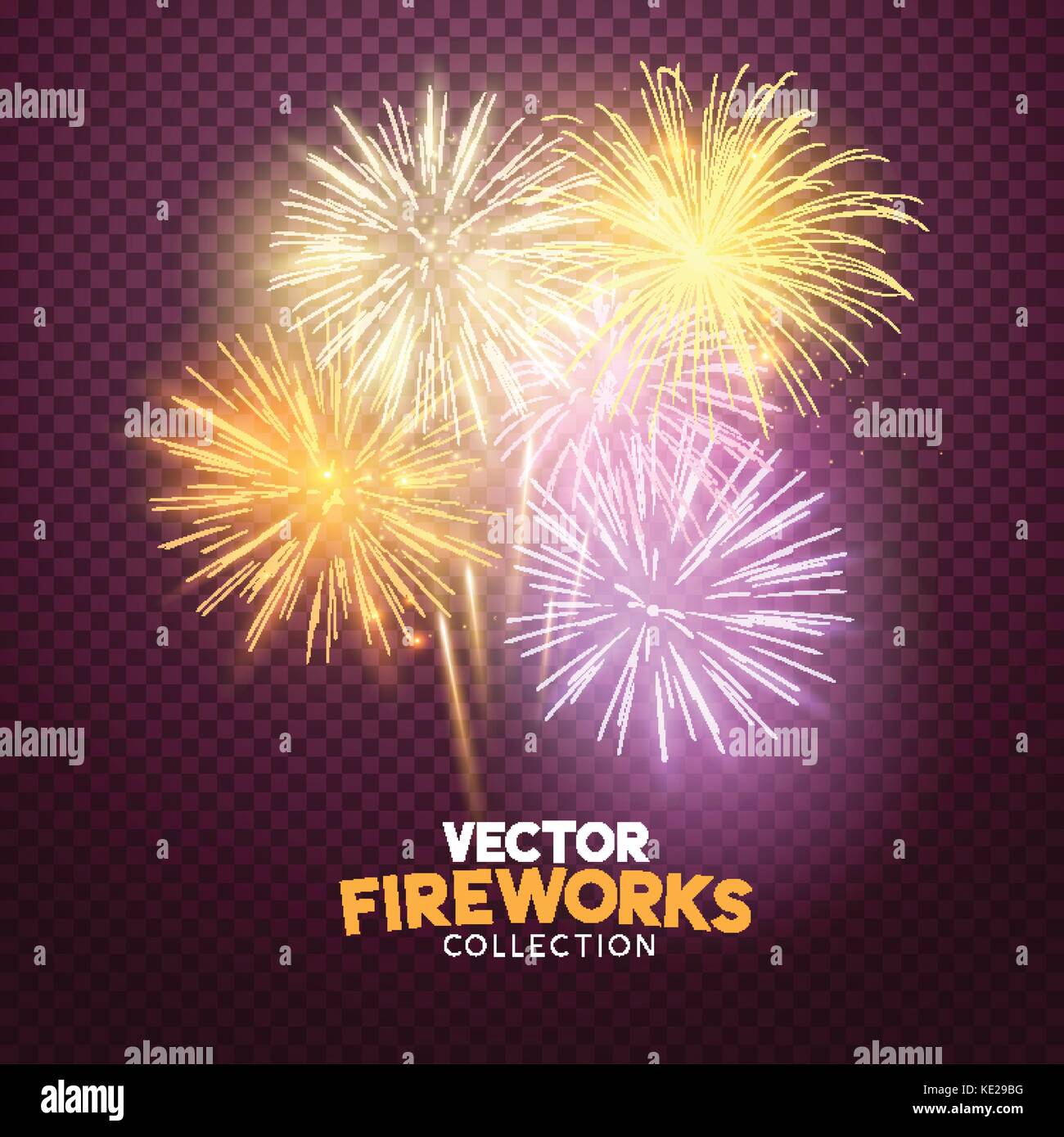 Un conjunto de vectores de ruptura aislada fuegos artificiales en rosa y oro, símbolos de celebración navideña! Ilustración del Vector