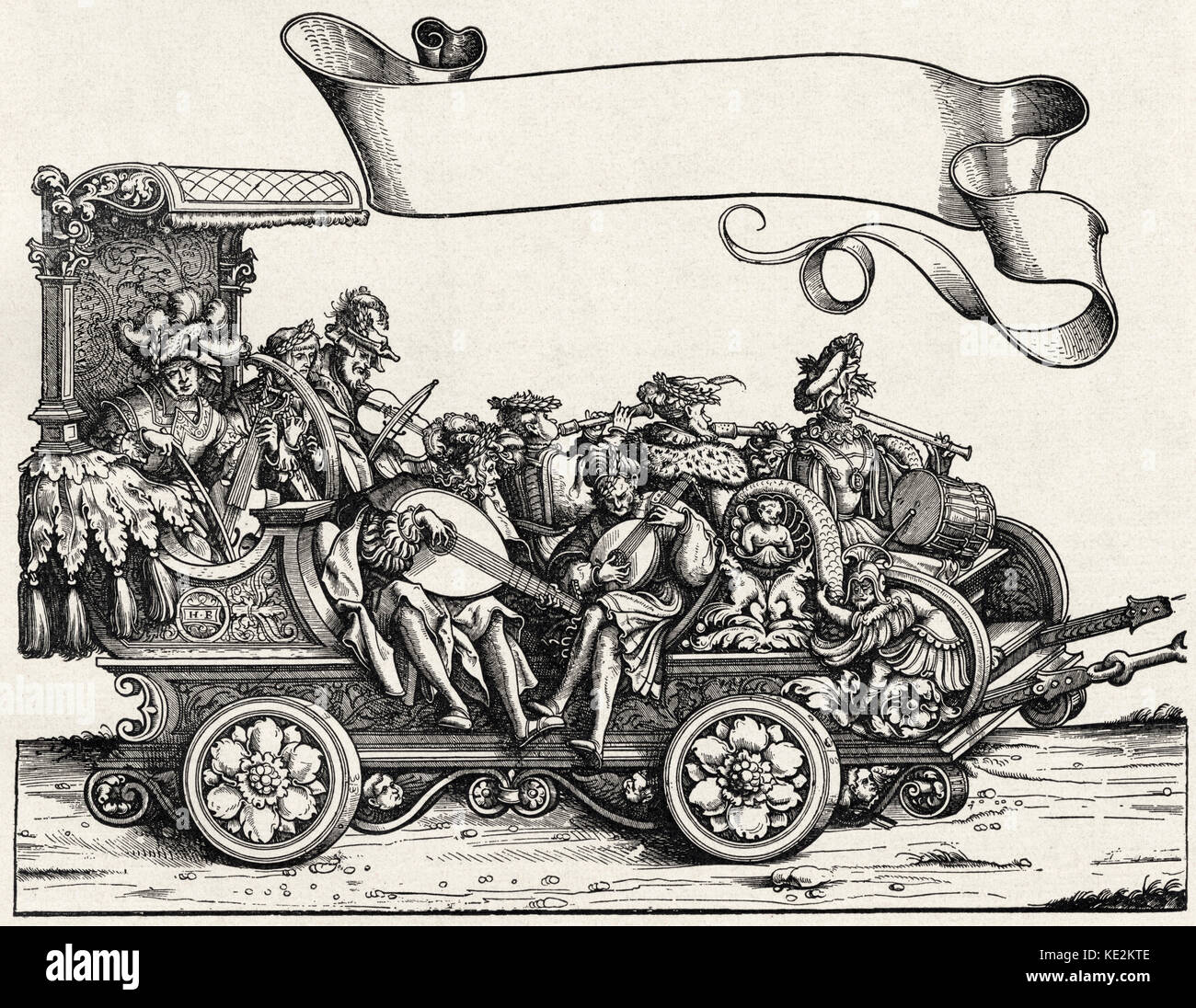 Triunfo de Maximiliano, c. 1516 - instrumentos de cuerda, laúd, tammerlin quintern, baterista, tubos, veille, Macho músicos . PRINCIPIOS Instrumentos de música que se está reproduciendo. Foto de stock