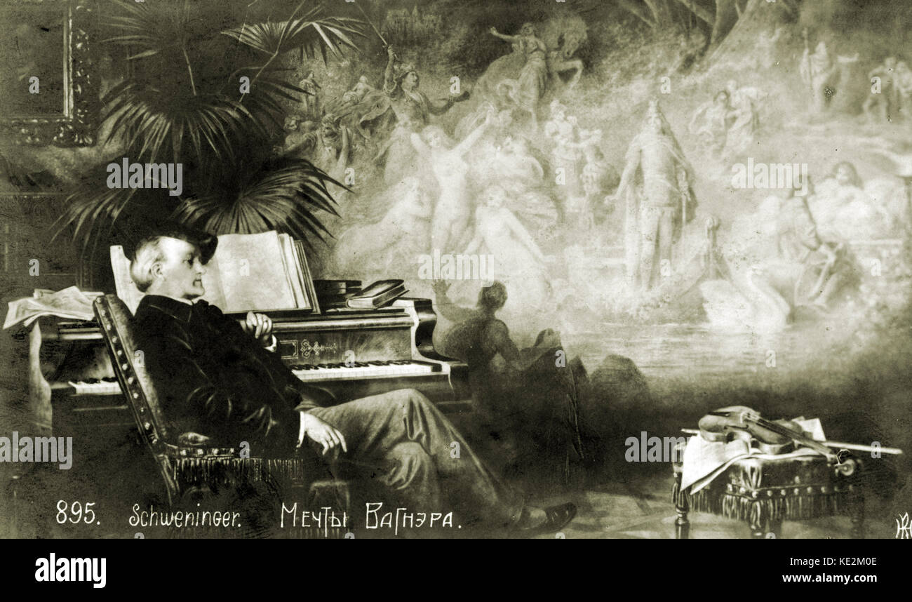 Richard Wagner y sus creaciones. Sentados junto al piano con la ilustración de su ópera caracteres en el fondo alemán compositor y autor, el 22 de mayo de 1813 - 13 de febrero de 1883. Foto de stock