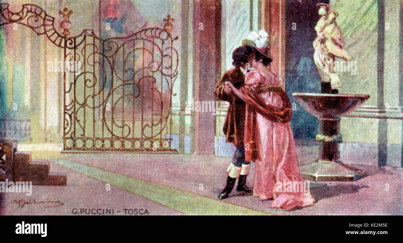 Giacomo Puccini 's ópera Tosca - pareja besándose por una fuente. Compositor italiano el 23 de diciembre de 1858 - 29 de noviembre de 1924. Foto de stock