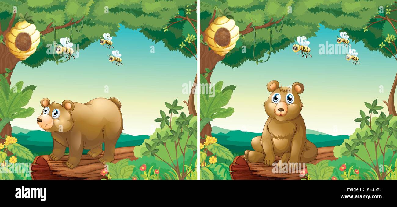 Las escenas con los osos y abejas ilustración Ilustración del Vector