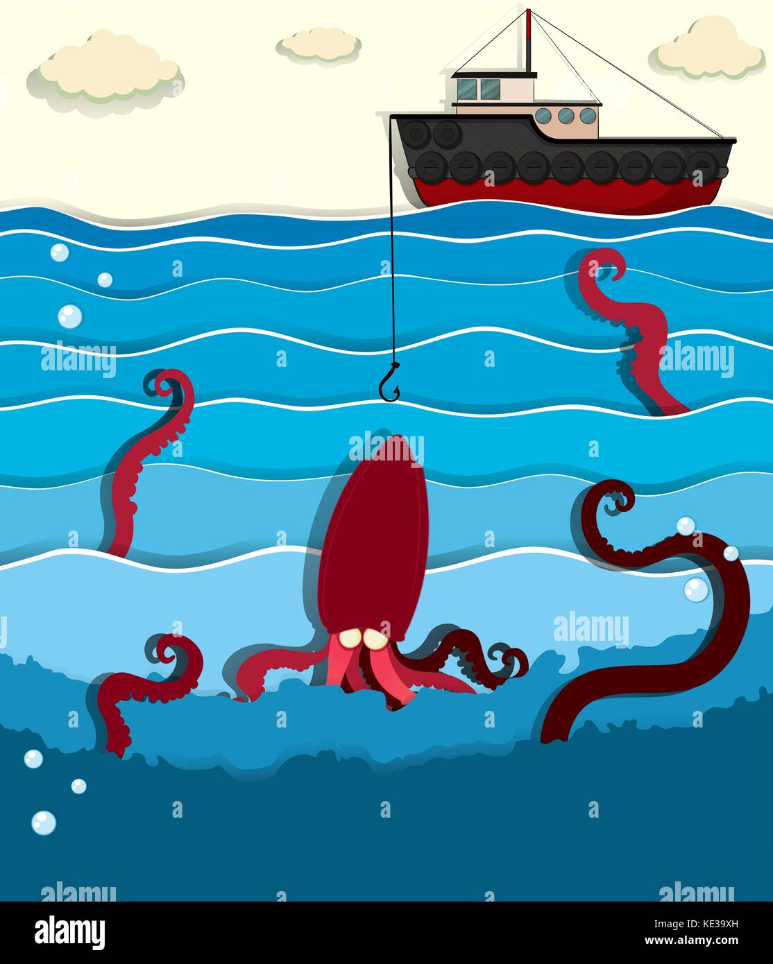 Pulpo gigante y botes de pesca ilustración Ilustración del Vector