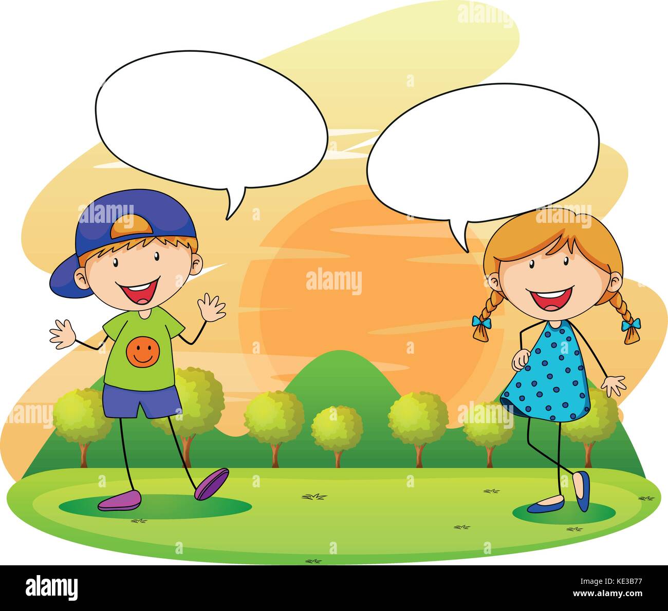 Niño y niña hablando en el parque ilustración Imagen Vector de stock - Alamy
