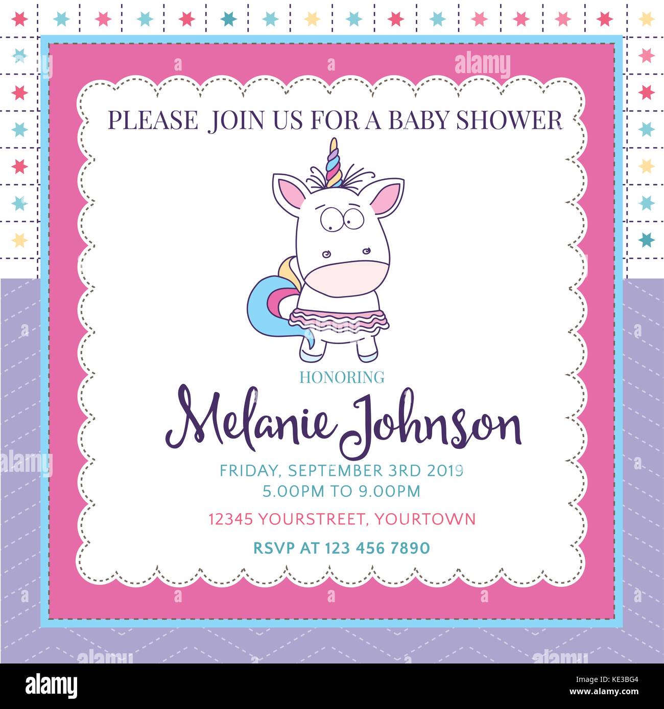 Plantilla de tarjeta de baby shower hermoso con Lovely Baby chica  unicornio, formato vectorial Imagen Vector de stock - Alamy