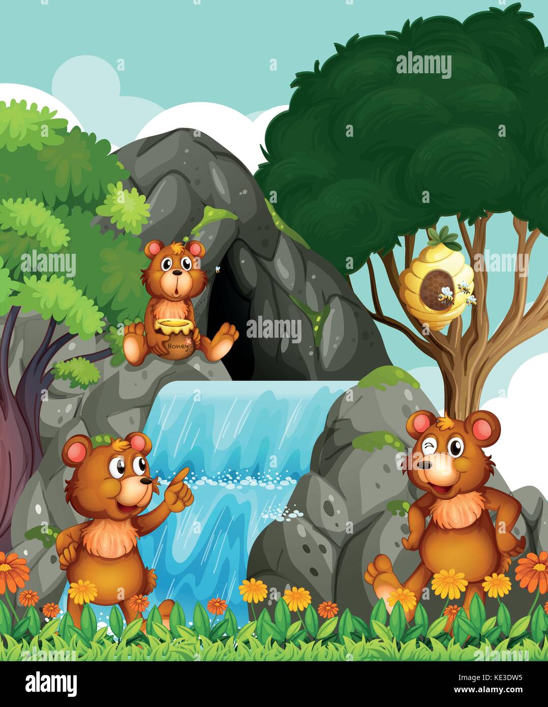 Los osos relajante cascada por la ilustración Ilustración del Vector