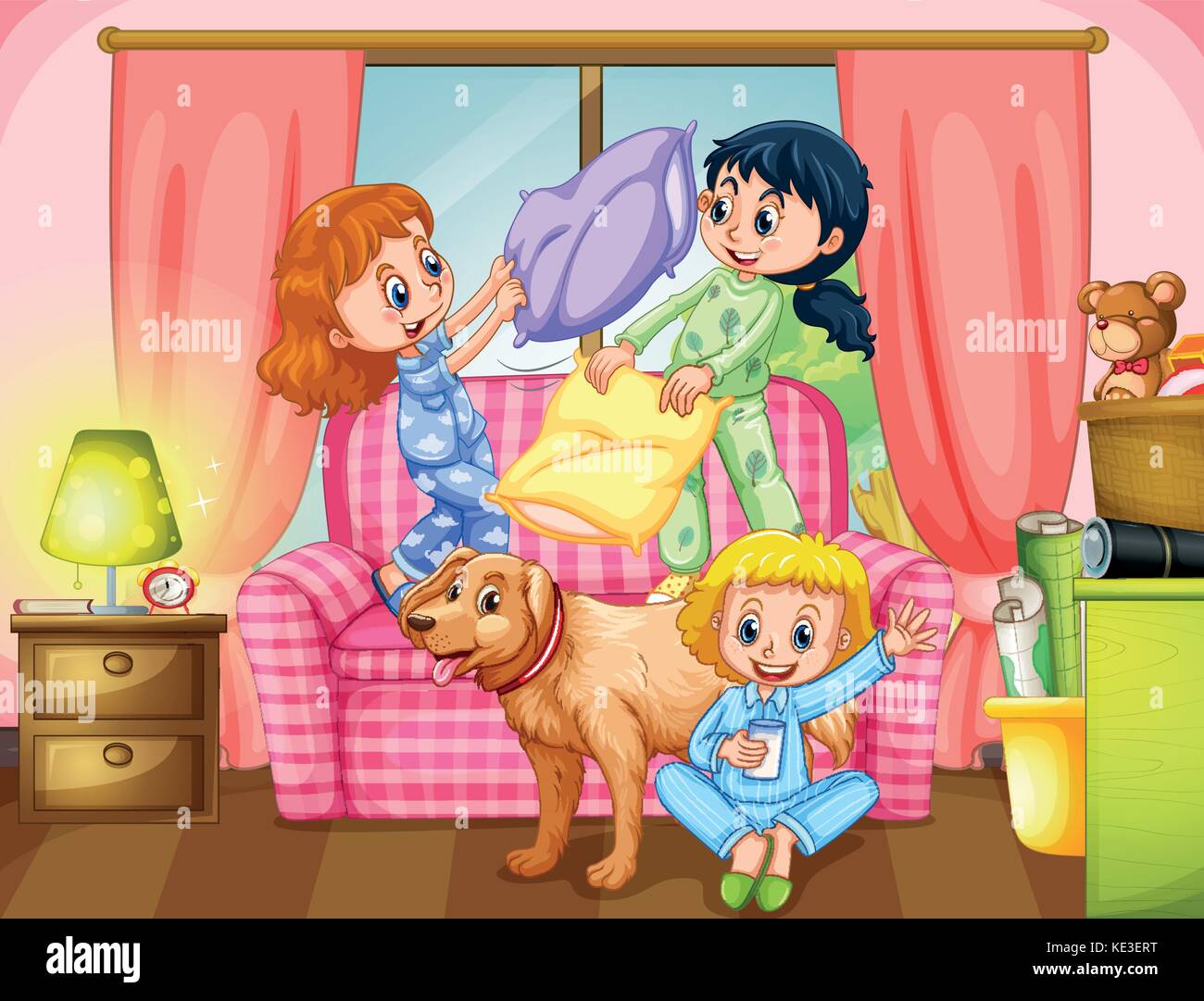Las niñas jugando lucha de almohadas en el salón ilustración Ilustración del Vector