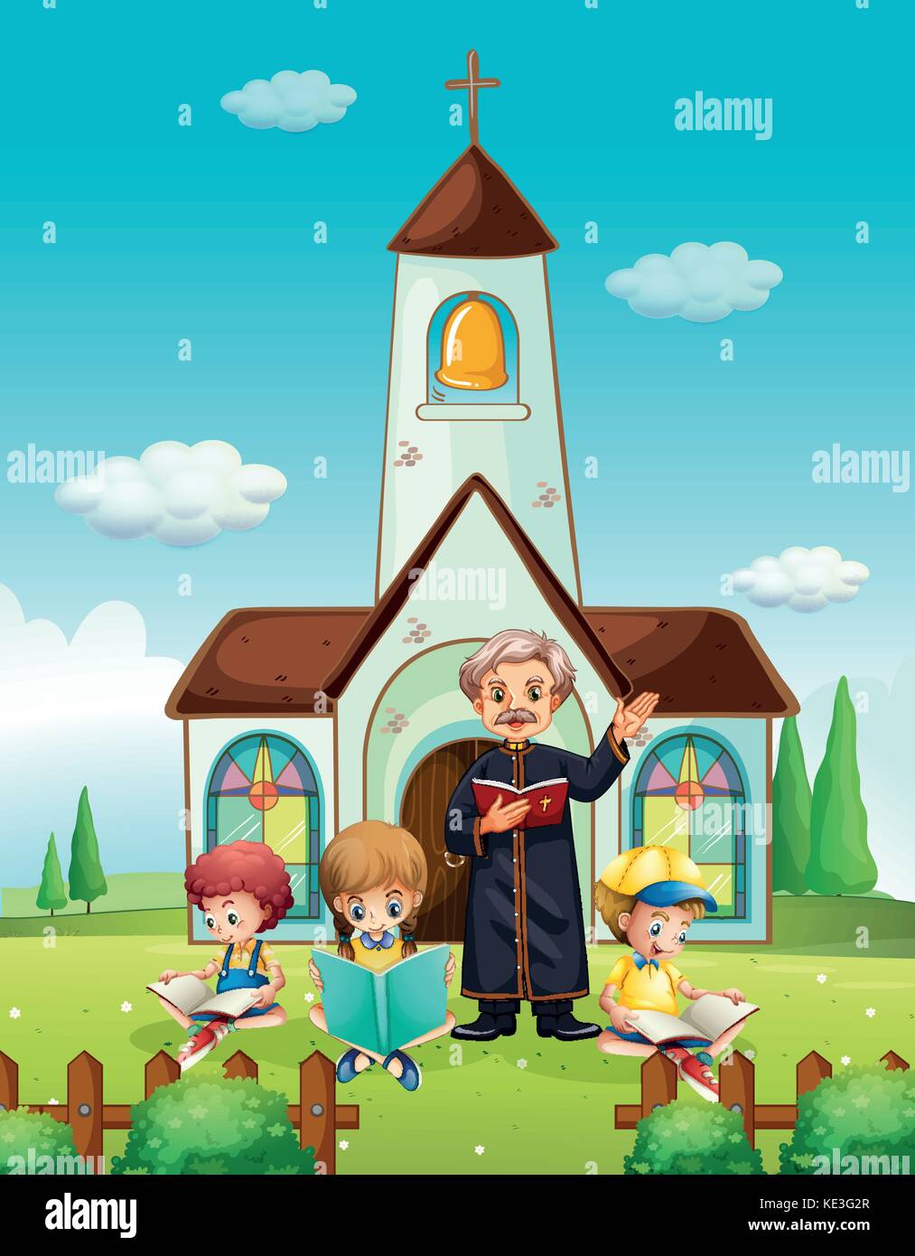 Sacerdote y niños en la iglesia ilustración Imagen Vector de stock - Alamy