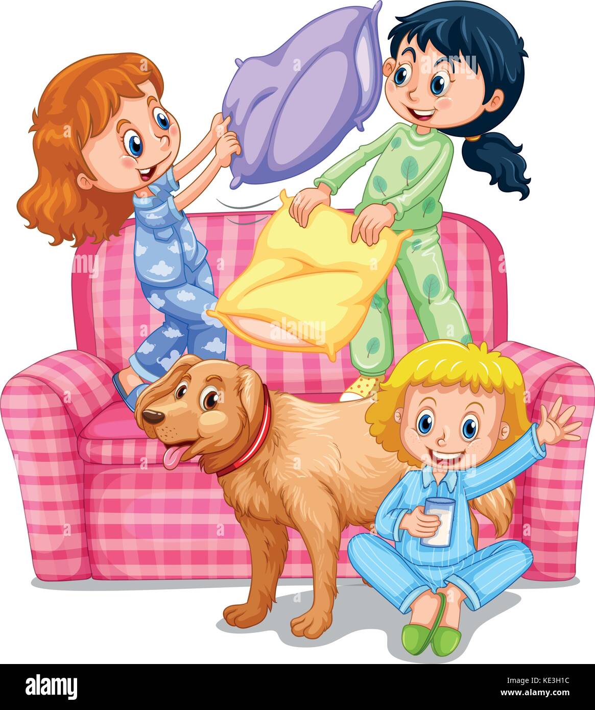 Tres niñas juegan almohada lucha en Slumber Party ilustración Ilustración del Vector