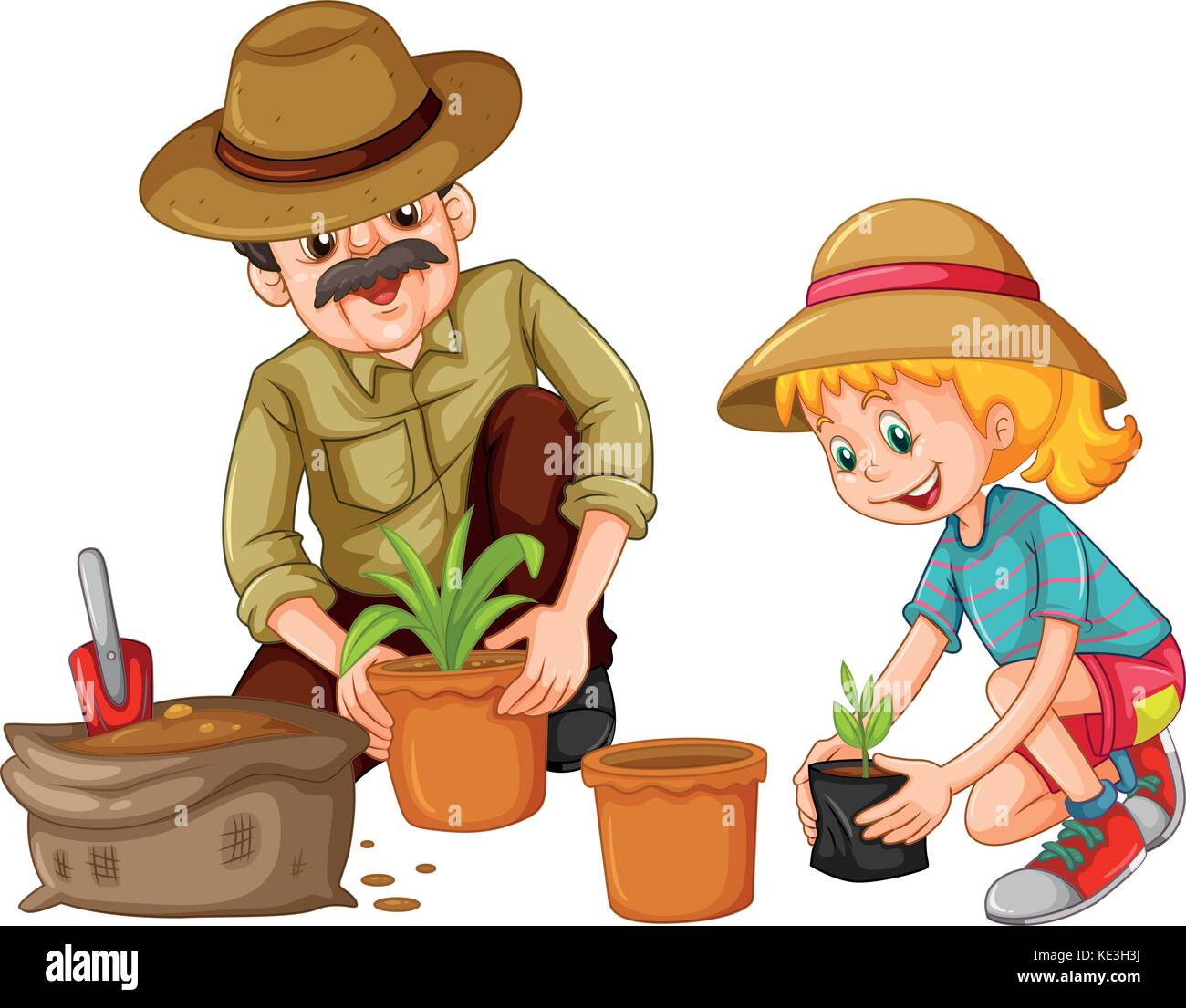 Abuelo y kid plantar árboles ilustración Imagen Vector de stock Alamy