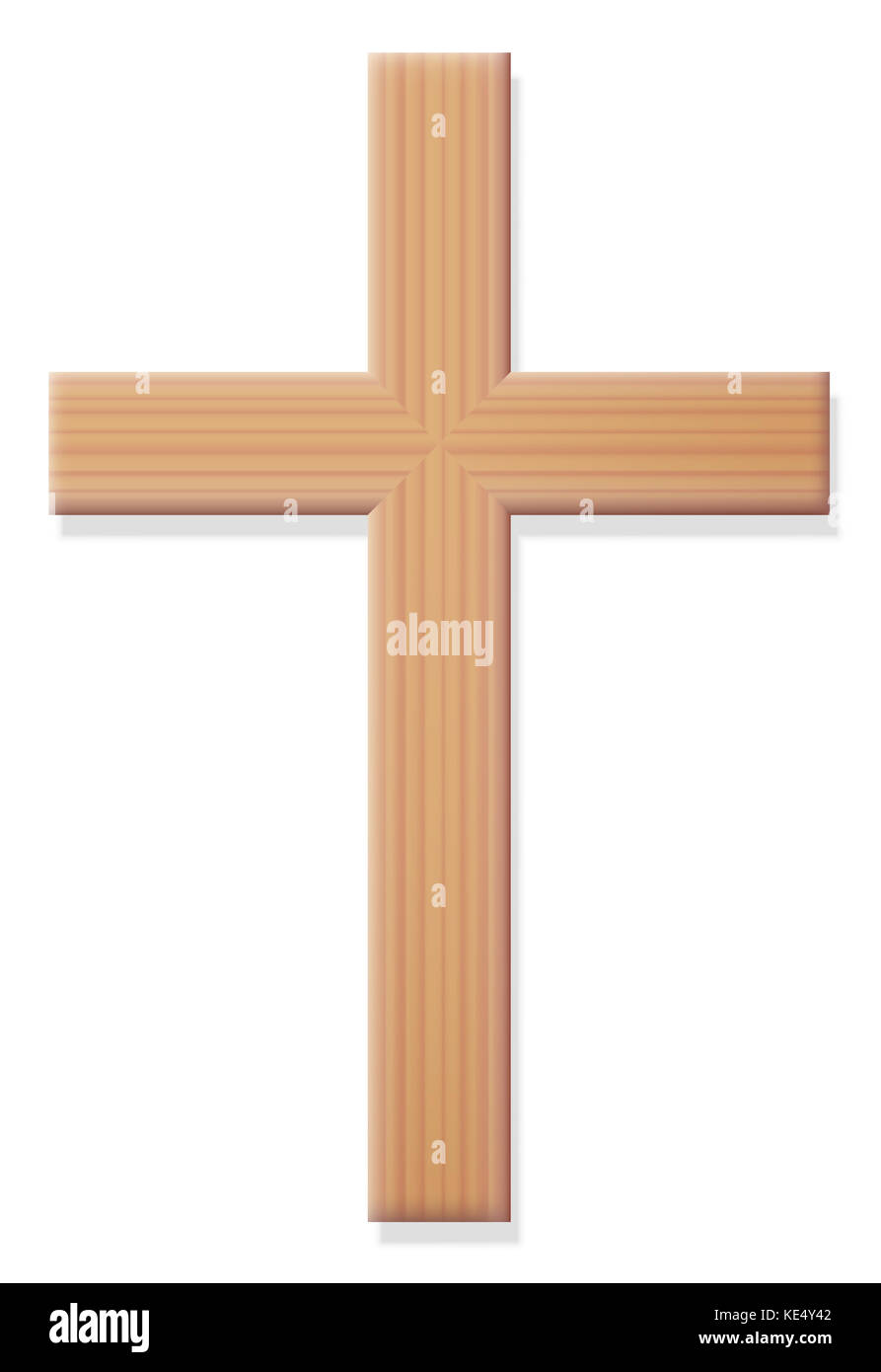 Crucifijo de madera, símbolo religioso del cristianismo - ordinaria, simple, estilo rústico, vista delantera. Foto de stock